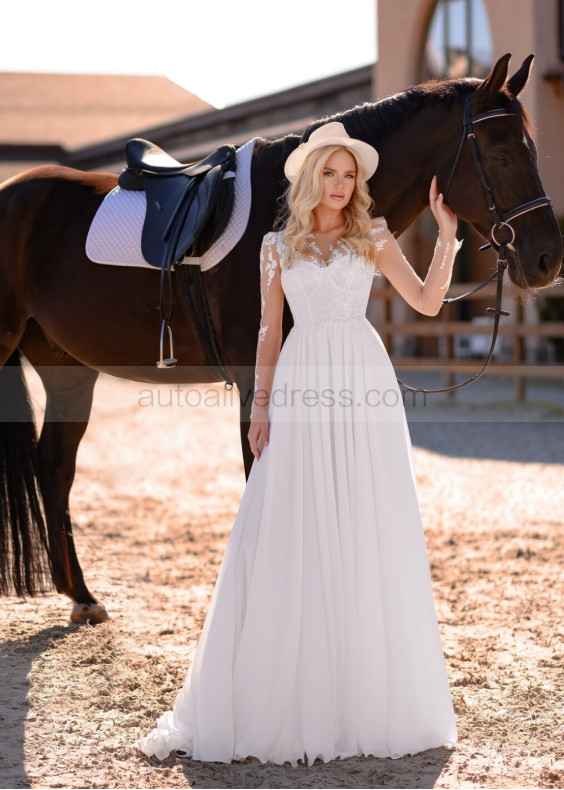 Long Sleeves Ivory Lace Chiffon Classic Wedding Dress